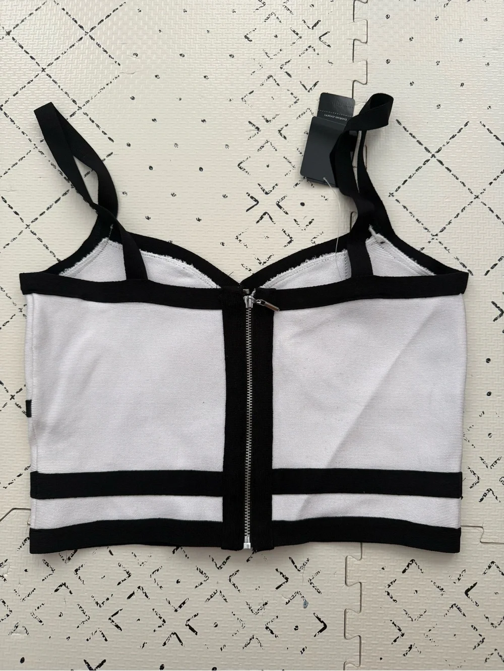 bebe White and Black Grid Zip-Back Crop Top